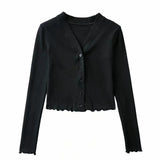 Purpdrank  70's Vintage V neck Wood ears Rib Long Sleeve Tee Base T-shirts Cool Girl Single-breasted Button Short Tee crop top