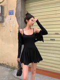 Purpdrank  Autumn New Sling Short Black Dress Sets Women High Street Spicy Girls Crop Top & Short Mini Dress Sexy Club Two Piece Tracksuit