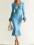 Purpdrank  Elegant V-neck Button Fishtail Dress Casual Flared Sleeve Hight Waist Slim Long Dress Women Fashion Commute Solid Party Dresses