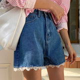 Purpdrank  Spring Summer Lace Patchwork Women's Denim Short Pants 2025 New High Waist Blue Casual Jeans Wide Leg Shorts for Women