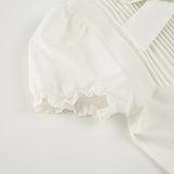 Purpdrank  Sweet Preppy Summer Solid White Short Puff Sleeve Single Breasted Bow Folds Women Shirt