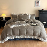 Purpdrank  Vintage Lace Ruffles Striped Plaid Floral Bedding Set Pure Cotton Double Layer Crinkle Yarn Duvet Cover Bed Sheet Pillowcases