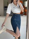 Purpdrank  Women's Midi Denim Skirt Spring Side Split High Wasit Jeans Skirts Straight Female A-line Pencil Skirt