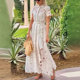 Purpdrank  Elegant Summer Women Bohemian Dress Chic New Short Sleeve Single Breasted Hollow Out Floral Lace Vacation Long Dress