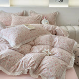 Purpdrank  Princess Style Bedding Sets Ruffle Lace Bow Quilt Cover Romantic Print Bedclothes Home Bedroom Decor Woman Girl Duvet Cover 4pcs