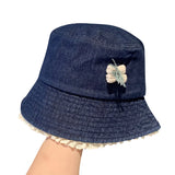 Purpdrank  Women Girls Denim Bucket Hats Spring Summer Wide Brim White Lace Trim Sun Protection Cap for Outdoor Beach Fashion Fisherman Hat