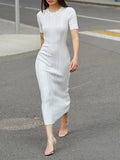 Purpdrank  Women Elegant Slim Bodycon Midi Party Dress Short Sleeve Solid Cable Knit Dress
