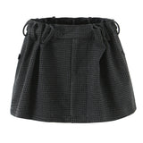 Purpdrank  New Autumn Gray Black Houndstooth Plaid Woollen Mini Skirt Women Ruched High Waist Ball Gown Short Skater Party Femme Skirts