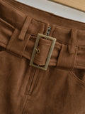 Purpdrank  New Autumn Sexy With Buckle Belt High Waist Suede Pencil Skirt for Women Above Knee Length Package Hips Front Slit Skirts Khaki