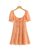 Purpdrank   2 colors Women Orange Lace Hollow Out Embroidery Lacing Up Bow Chest Mini Dress Romantic Short Puff Sleeve 3 Layers Hem Dresses