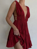 Purpdrank  Women Black Solid Sleeveless Elegant Deep V-Neck Backless Flowy Dress Formal Prom Gowns Party Dress Robe