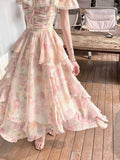 Purpdrank  Elegant Seaside Vacation Floral Printed Dress Summer Off Shoulder Women Camisole Dress Slim Casual Ruffles Fairy Dress