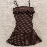 Purpdrank   New Summer Style Literary Retro Temperament Design Polka Dot Printed Suspender A-line Skirt for Women Brown Short Skirt