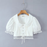 Purpdrank  Stylish White Spliced Lace Short Puff Sleeve Shirt Women Peter Pan Collar Bow Hem Loose Crop Tops