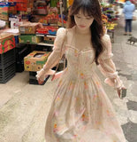 Purpdrank  Girls long dresses Square Neck puff sleeves Floral Long Sleeve Chiffon Dresses Women's clothing Summer vestidos largostraf
원피스
