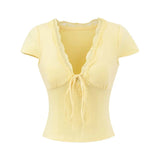 Purpdrank  Women's Summer Slimming T-Shirt Pure Lusty Sweet Sexy V Neck Short-Sleeved Top with Breast Pads New Style