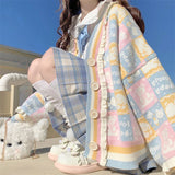 Purpdrank  Sweet Cute Lace Knitted Open Cardigan Spring Autumn Loose Cartoon Print Casual Sweater Fresh Style V-neck Long Sleeve Sweater