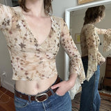 Purpdrank  French Style Y2k Vintage Summer V Neck Three Quarter Sleeve Flower Print Slim Women Blouse