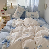 Purpdrank  Korean Princess Style Lace Ruffles Plaid Patchwork Bow Embroidery 100% Cotton Bedding Set Duvet Covers Bed Sheet Pillowcases