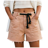 Purpdrank  Women's Blush Denim Shorts High Waist Frayed Hem Drawstring Casual Summer Jean Shorts American Retro Wide Leg A Line Hot Pants