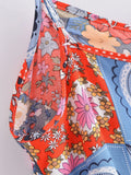 Purpdrank  BOHO Contrast Color Flower Print Midi Long Sling Dress Hippie Women Single-breasted Buttons Ruffles Hem Slit Robe Holiday