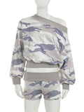 Purpdrank  Women Casual Camouflage Print Matching Set Chic Off Shoulder Long Sleeve Loose Top and Shorts Streetwear 2 Piece Outfit