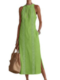 Purpdrank   Women's Halter Slit Holiday Solid Color Lace Splicing Sleeveless Dress Vintage Vestidos Maxi Dress Summer Loose Party Robe
