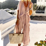 Purpdrank  Casual Summer Retro Solid Color Short Sleeve Party Dress Women Elegant Ruffle Long Dress Fashion Holiday Boho Loose Ladies Dress