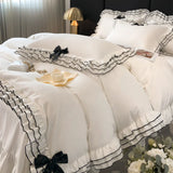 Purpdrank  Korean Style Lace Ruffles Princess Bedding Set, Duvet Cover, Bed Skirt, Fitted Sheet, Flat Sheet, Pillowcases, Black Bow, White