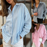 Purpdrank  Women's Striped irt Casual Long Sve Breathable Polyester Fiber Commute Sle Comfortable Fit Striped Blouse for Ladies