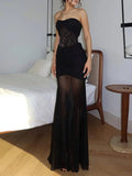Purpdrank  Women's Elegant Black Strapless Bodycon Maxi Dress Lace Insert Mesh Mermaid Formal Party Cocktail Night Out