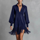 Purpdrank  Spring Retro Solid Imitation Suede Tassel Dress Woman Sexy Lapel Hollow A-Line Mini Dress Autumn Long Sleeve Elegant Party Dress