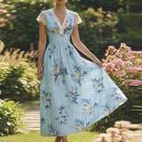 Purpdrank  New Summer Sweet Floral Printed A-Line Dress Elegant Women Lace V-Neck Short Sleeve Long Dress Fashion Fluttering Bohemian Dress