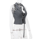 Purpdrank  y2k Tank Top Summer Women Solid Color V Neck Lapel Collar Open Front Sleeveless Buckle Vest 2000s Clothes Clubwear