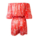 Purpdrank  Women Elegant Summer Romper Sexy Off Shoulder Flare Short Sleeve Wide Leg Shorts Pants Fashion Floral Print High Waist Jumpsuit
