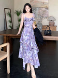 Purpdrank  Spring New Women French Sleeveless Retro Camisole Dress Irregular Mesh Printed Dress Slim Ruffles Long Fairy Dress