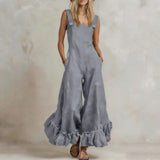 Purpdrank  New Summer Ruffle Hem Wide Leg Jumpsuit Women Button Square Neck Casual Loose Romper Retro Sleeveless High Waist Pocket Playsuit