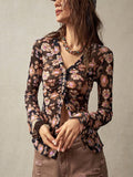 Purpdrank  Print Blouse Women Stand Collar Single Breasted Shirts Long Sleeve Vintage Fashion Top Spring Summer New Female Blouse