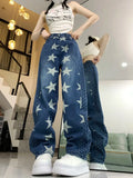 Purpdrank  Splicing Star Print Design American High Street Jeans Women's Niche Loose Straight Leg Pants