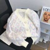Purpdrank  Retro Softening Ageless Loose Women's Knitted Cardigan Short Diamond Pattern Outerwear V-neck Full Sleeve Casual Jacket