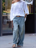 Purpdrank  Summer Spring Casual White T-shirts One-shoulder Long Sleeves Loose Simple Basic Tops Tee Shirts S-2XL