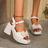 Purpdrank  Elegant Bow Knot Square Heel Sandals Woman Fashion Beige Back Strap Open Toe Sandal Female Pu Leather Thick Bottom Sandal Mujer