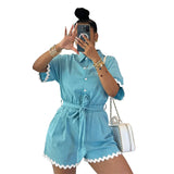 Purpdrank  Streetwear Turnn-down Collar Short Sleeve Casual Jumpsuit Women High Waist Button One Piece Playsuit Womens Romper with Sashes
