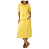 Purpdrank  Women Summer Skirts Two Piece Set Peter Pan Collar Short Sleeve Top And Midi Skirt With Pockets Cotton Linen Matching Sets