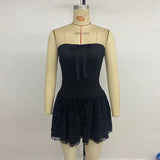 Purpdrank  Black Knot Front Sexy Tube Dress Women's Summer 2025 New Elegant Cute Style Layered Ruffle Hem Short Dresses