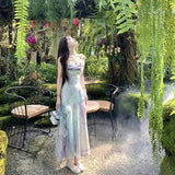 Purpdrank  French Mermaid Princess Summer Elegant Fish Tail Gradient Strap Waist Inward New Style Beach Dress Vacation Long Dress