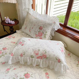 Purpdrank  100% Cotton Korean princess style Floral Lace Ruffles Bedding Set Duvet Cover Set Quilted Bed Skirt Fitted Sheet Pillowcases