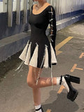 Purpdrank - Lace Up High Waist Dress For Women Folds Splice Bodycon Mini Dress Hot Girls Street Slim See Through Dresses Woman Autumn