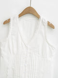 Purpdrank  Summer Plain White Spliced Lace V neck Sleeveless Tank Women Open Buttons Slim Waist Tie Bow Sashes Back Tank Top Crop Tops