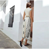 Purpdrank  Lady Beach Holiday Dress Embroidered Print Top Skirt Two Piece Set Shoulder Padded Sleeveless Crop Top Lace Up Skirt Suit Outfit